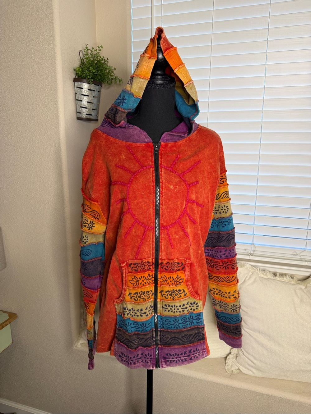 Greater Good Rainbow Sun Hoodie Boho Hippie Patchwork Zip Up